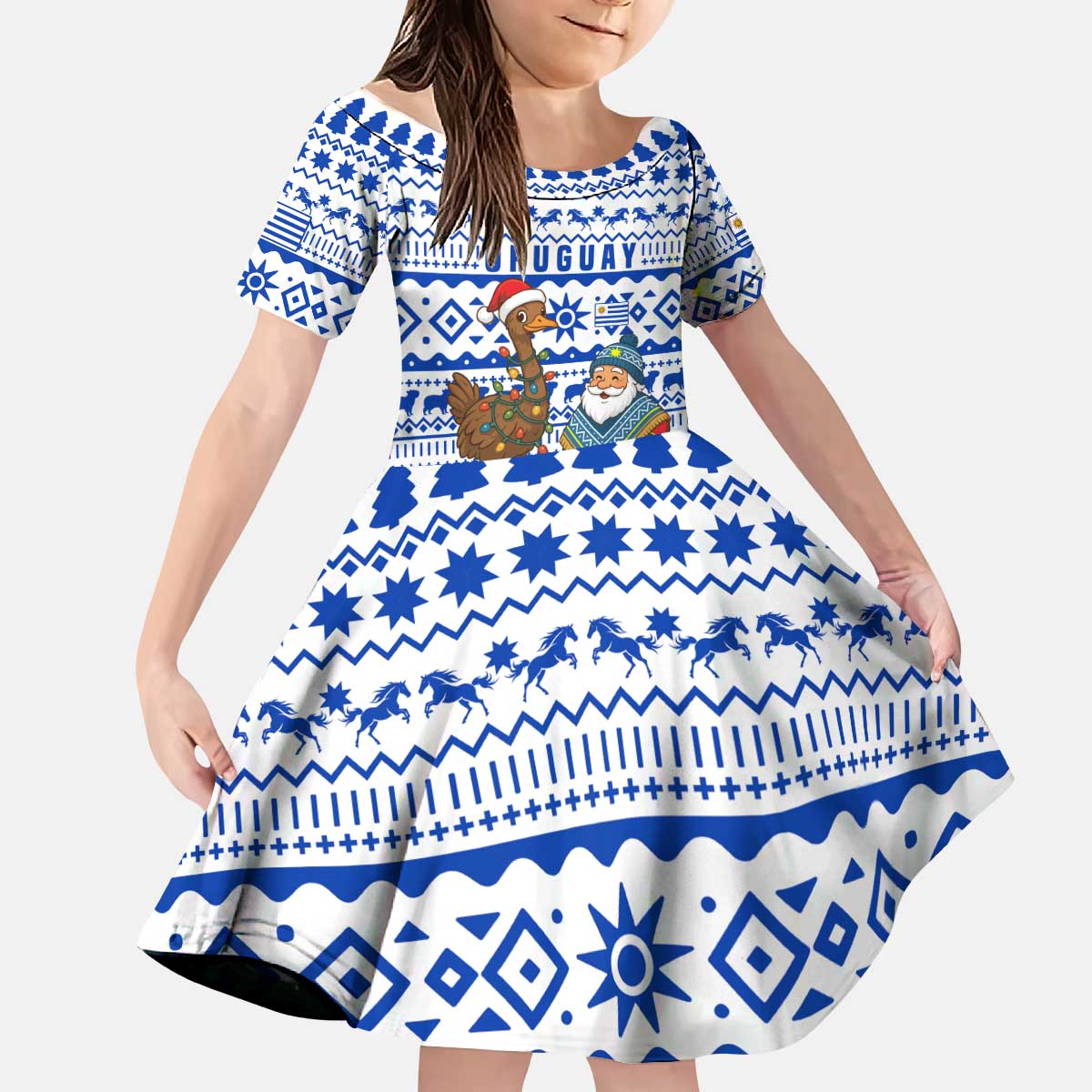 Uruguay Christmas Kid Short Sleeve Dress with Santa Claus Rhea Bird Holiday Lights and Blue Geometric Pattern - Wonder Print Shop
