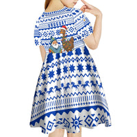 Uruguay Christmas Kid Short Sleeve Dress with Santa Claus Rhea Bird Holiday Lights and Blue Geometric Pattern - Wonder Print Shop