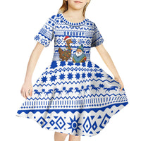 Uruguay Christmas Kid Short Sleeve Dress with Santa Claus Rhea Bird Holiday Lights and Blue Geometric Pattern - Wonder Print Shop