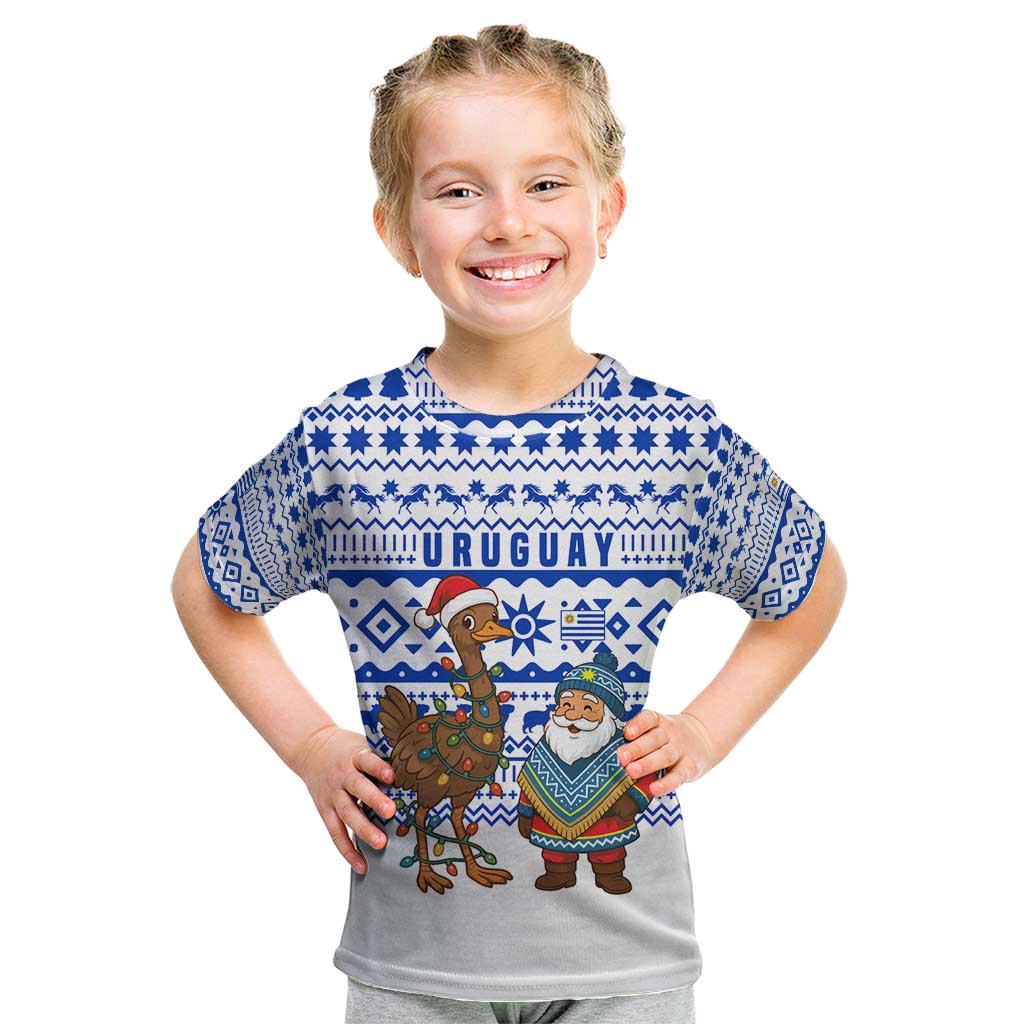 Uruguay Christmas Kid T Shirt with Santa Claus Rhea Bird Holiday Lights and Blue Geometric Pattern - Wonder Print Shop