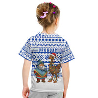 Uruguay Christmas Kid T Shirt with Santa Claus Rhea Bird Holiday Lights and Blue Geometric Pattern - Wonder Print Shop