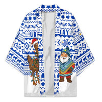 Uruguay Christmas Kimono with Santa Claus Rhea Bird Holiday Lights and Blue Geometric Pattern - Wonder Print Shop
