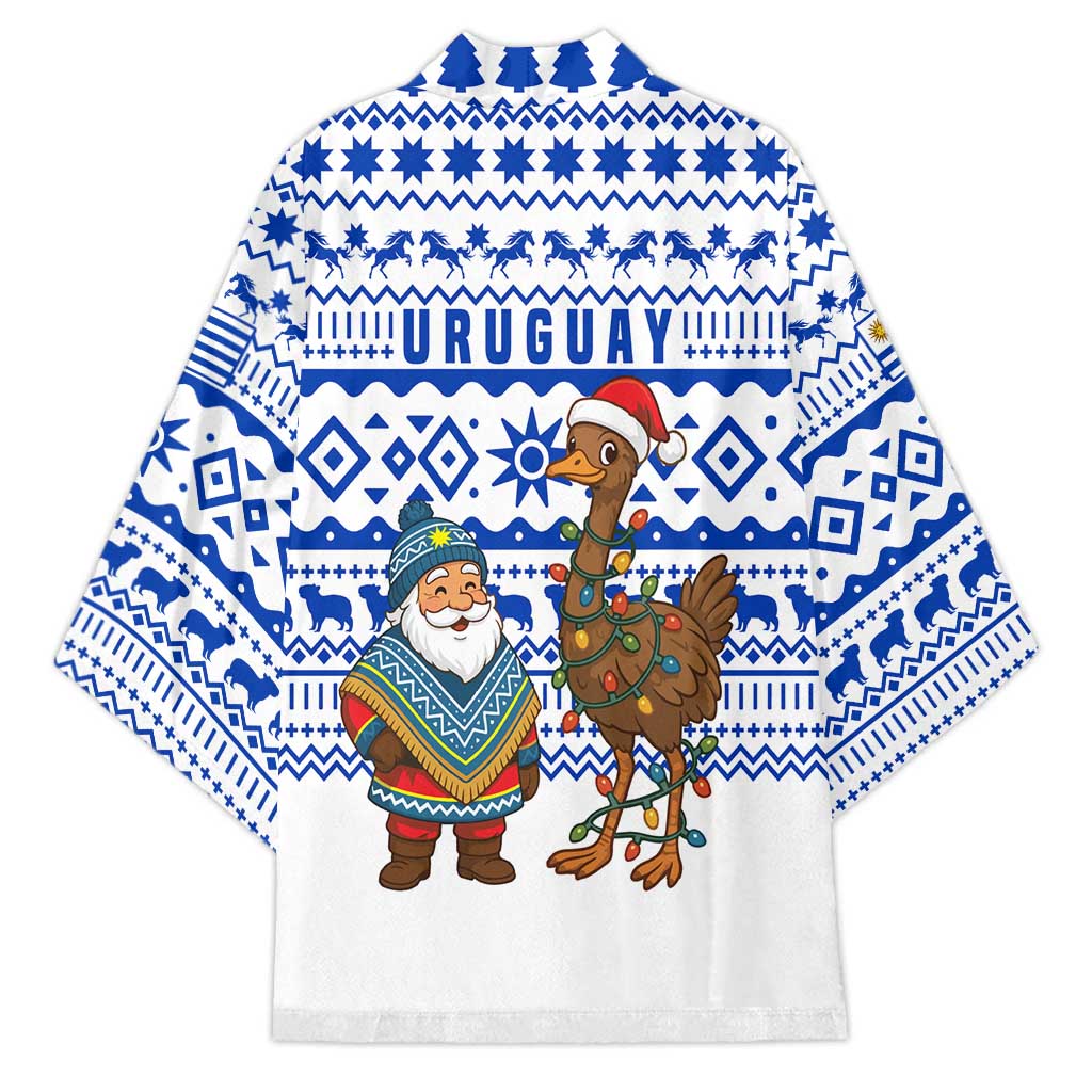 Uruguay Christmas Kimono with Santa Claus Rhea Bird Holiday Lights and Blue Geometric Pattern - Wonder Print Shop