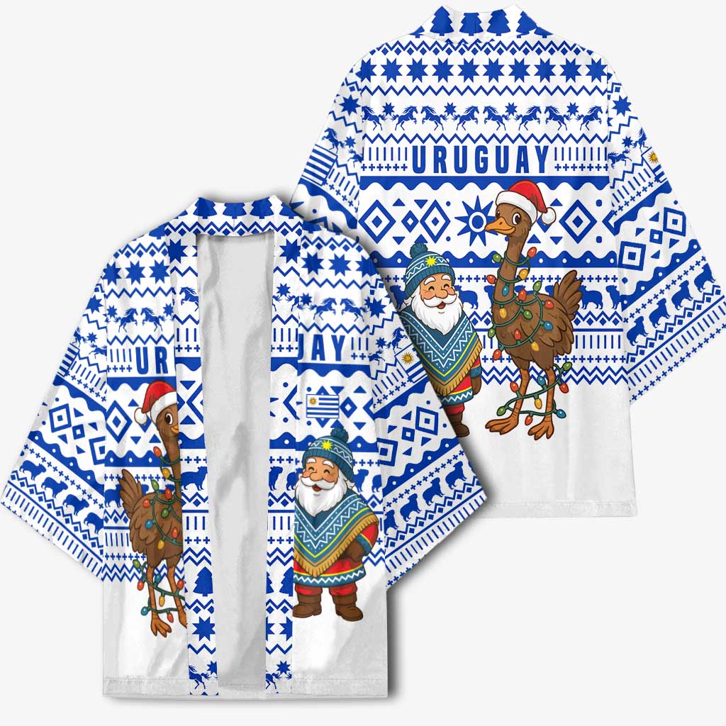 Uruguay Christmas Kimono with Santa Claus Rhea Bird Holiday Lights and Blue Geometric Pattern - Wonder Print Shop