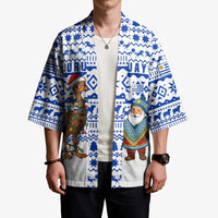 Uruguay Christmas Kimono with Santa Claus Rhea Bird Holiday Lights and Blue Geometric Pattern - Wonder Print Shop