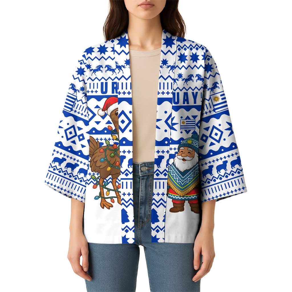 Uruguay Christmas Kimono with Santa Claus Rhea Bird Holiday Lights and Blue Geometric Pattern - Wonder Print Shop