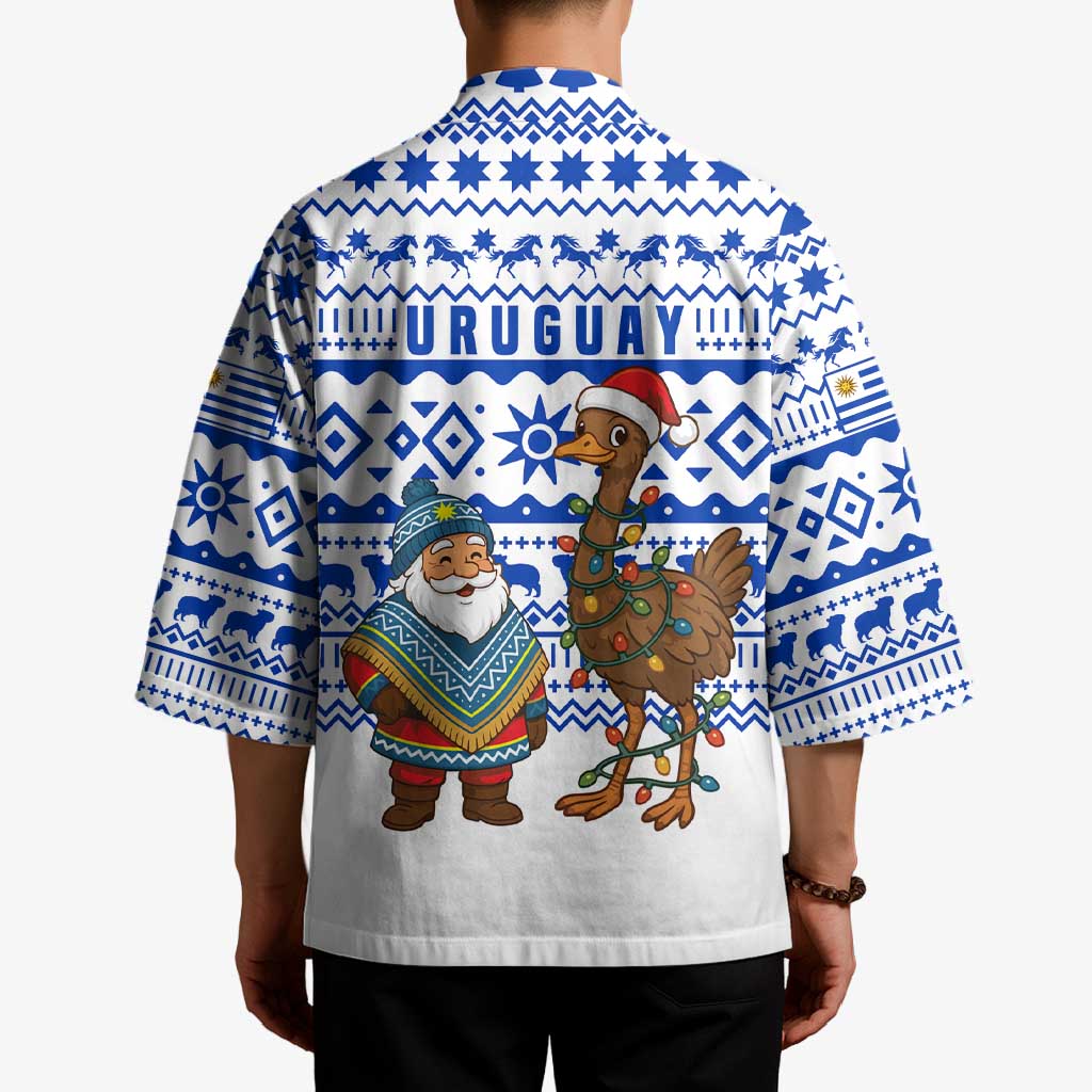 Uruguay Christmas Kimono with Santa Claus Rhea Bird Holiday Lights and Blue Geometric Pattern - Wonder Print Shop