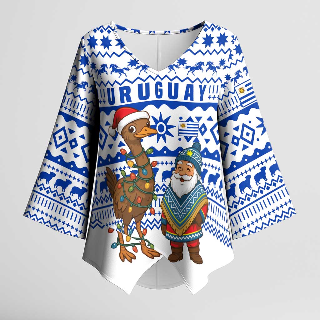 Uruguay Christmas Kimono Sleeve Blouse with Santa Claus Rhea Bird Holiday Lights and Blue Geometric Pattern - Wonder Print Shop