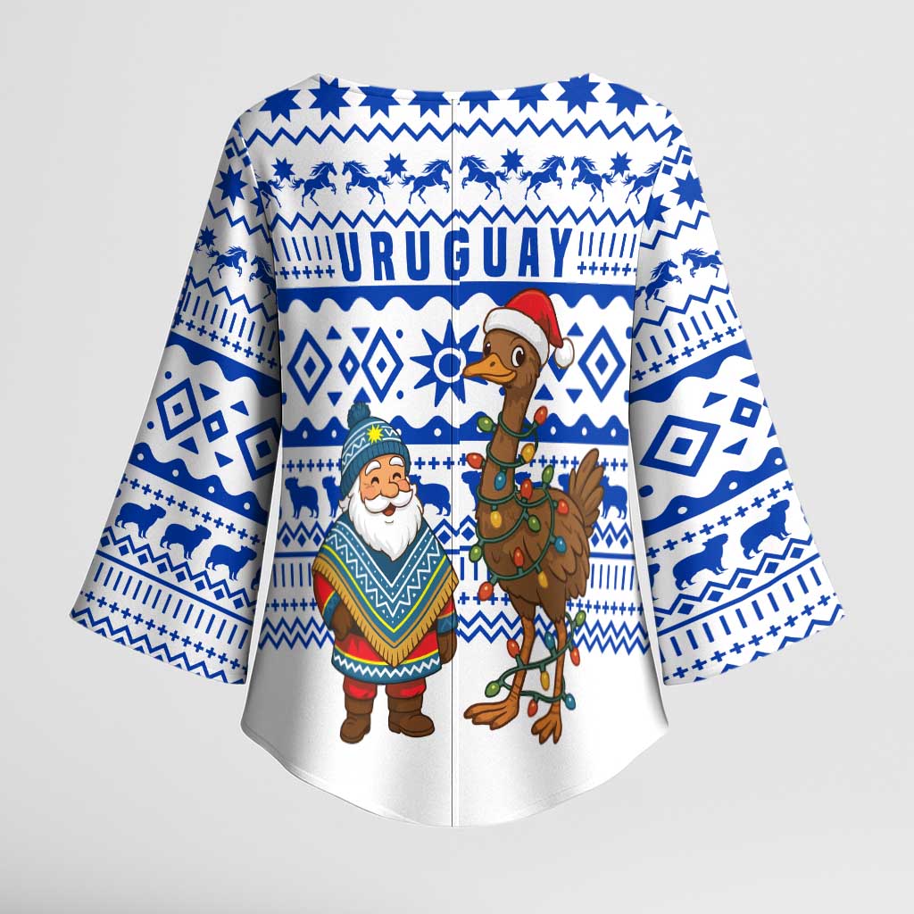 Uruguay Christmas Kimono Sleeve Blouse with Santa Claus Rhea Bird Holiday Lights and Blue Geometric Pattern - Wonder Print Shop