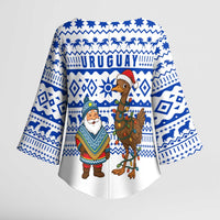 Uruguay Christmas Kimono Sleeve Blouse with Santa Claus Rhea Bird Holiday Lights and Blue Geometric Pattern - Wonder Print Shop