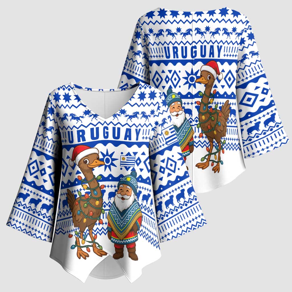 Uruguay Christmas Kimono Sleeve Blouse with Santa Claus Rhea Bird Holiday Lights and Blue Geometric Pattern - Wonder Print Shop