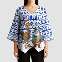Uruguay Christmas Kimono Sleeve Blouse with Santa Claus Rhea Bird Holiday Lights and Blue Geometric Pattern - Wonder Print Shop