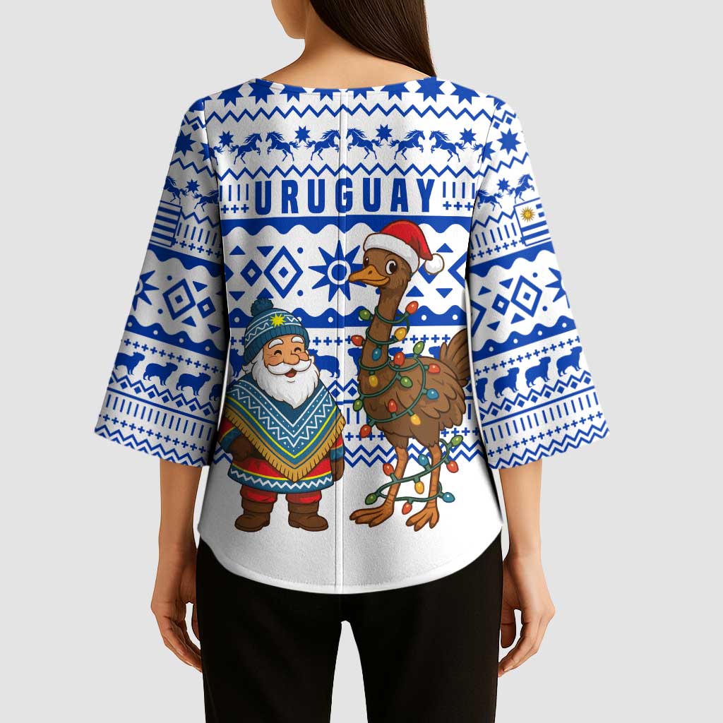 Uruguay Christmas Kimono Sleeve Blouse with Santa Claus Rhea Bird Holiday Lights and Blue Geometric Pattern - Wonder Print Shop