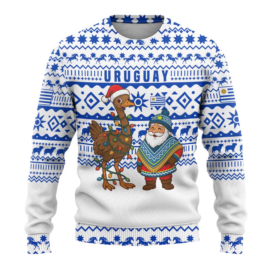 Uruguay Christmas Ugly Christmas Sweater with Santa Claus Rhea Bird Holiday Lights and Blue Geometric Pattern - Wonder Print Shop