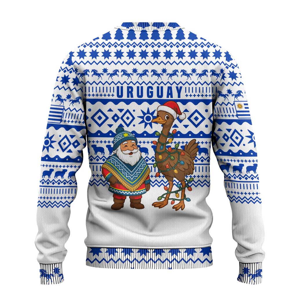 Uruguay Christmas Ugly Christmas Sweater with Santa Claus Rhea Bird Holiday Lights and Blue Geometric Pattern - Wonder Print Shop