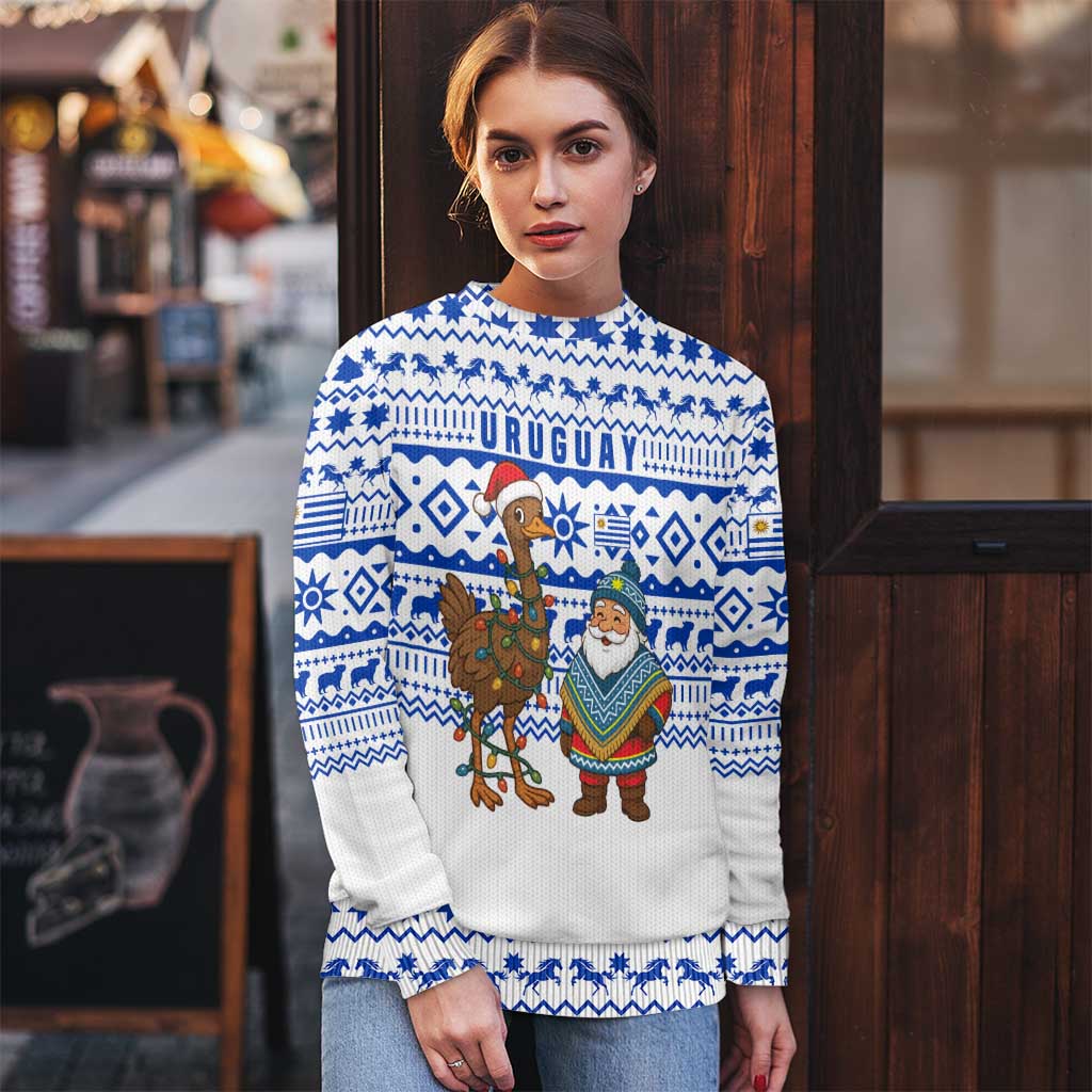 Uruguay Christmas Ugly Christmas Sweater with Santa Claus Rhea Bird Holiday Lights and Blue Geometric Pattern - Wonder Print Shop