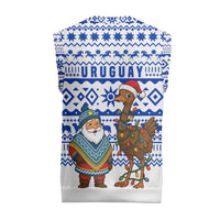 Uruguay Christmas Knitted V-Neck Vest with Santa Claus Rhea Bird Holiday Lights and Blue Geometric Pattern - Wonder Print Shop