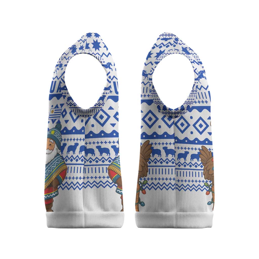 Uruguay Christmas Knitted V-Neck Vest with Santa Claus Rhea Bird Holiday Lights and Blue Geometric Pattern - Wonder Print Shop