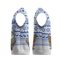 Uruguay Christmas Knitted V-Neck Vest with Santa Claus Rhea Bird Holiday Lights and Blue Geometric Pattern - Wonder Print Shop
