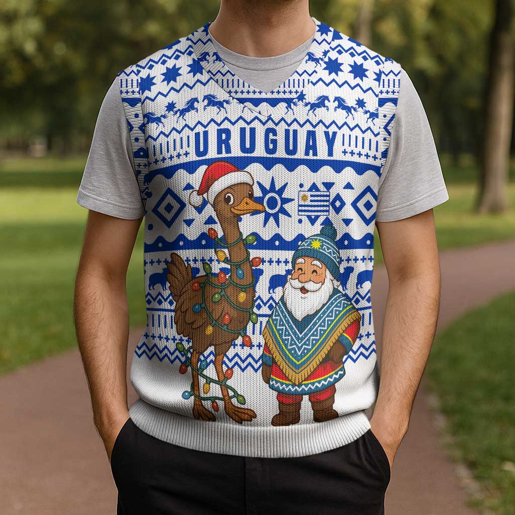 Uruguay Christmas Knitted V-Neck Vest with Santa Claus Rhea Bird Holiday Lights and Blue Geometric Pattern - Wonder Print Shop