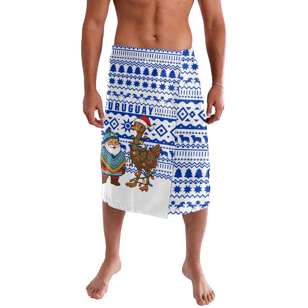 Uruguay Christmas Lavalava with Santa Claus Rhea Bird Holiday Lights and Blue Geometric Pattern - Wonder Print Shop