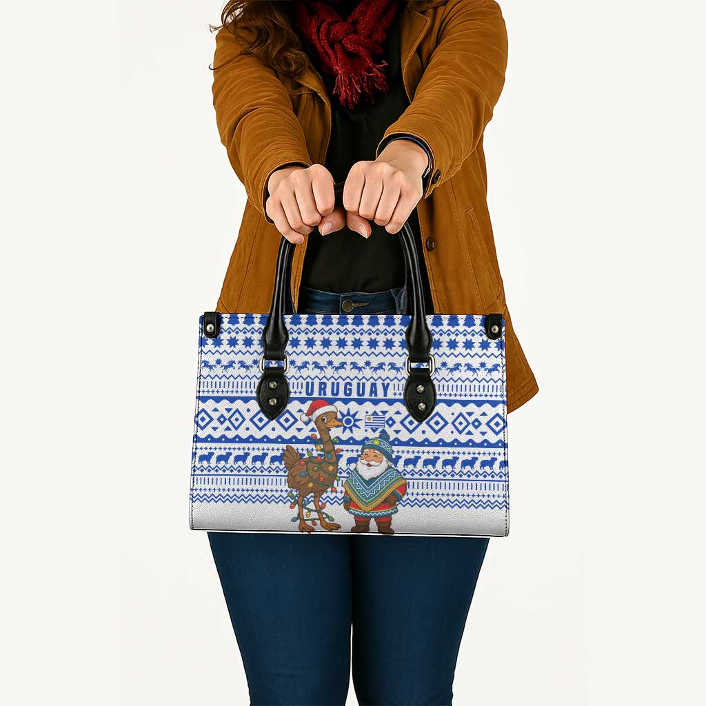 Uruguay Christmas Leather Bag with Santa Claus Rhea Bird Holiday Lights and Blue Geometric Pattern - Wonder Print Shop