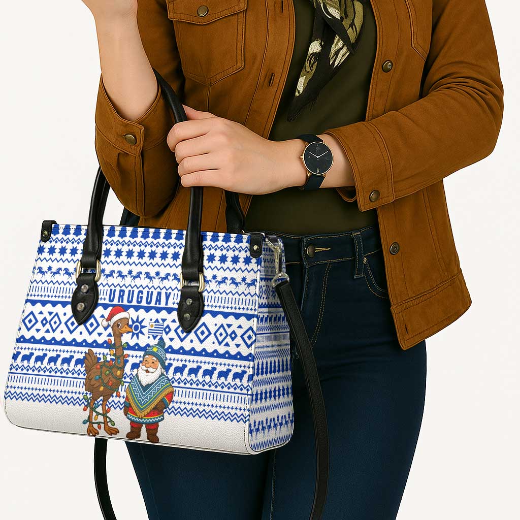 Uruguay Christmas Leather Bag with Santa Claus Rhea Bird Holiday Lights and Blue Geometric Pattern - Wonder Print Shop