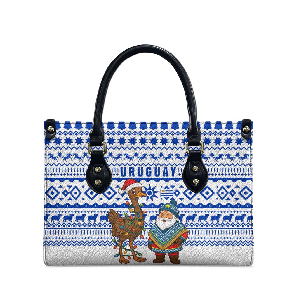 Uruguay Christmas Leather Bag with Santa Claus Rhea Bird Holiday Lights and Blue Geometric Pattern - Wonder Print Shop