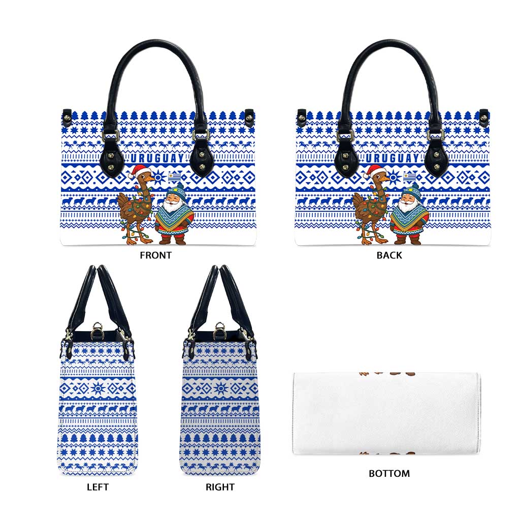 Uruguay Christmas Leather Bag with Santa Claus Rhea Bird Holiday Lights and Blue Geometric Pattern - Wonder Print Shop