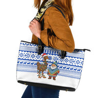 Uruguay Christmas Leather Tote Bag with Santa Claus Rhea Bird Holiday Lights and Blue Geometric Pattern - Wonder Print Shop