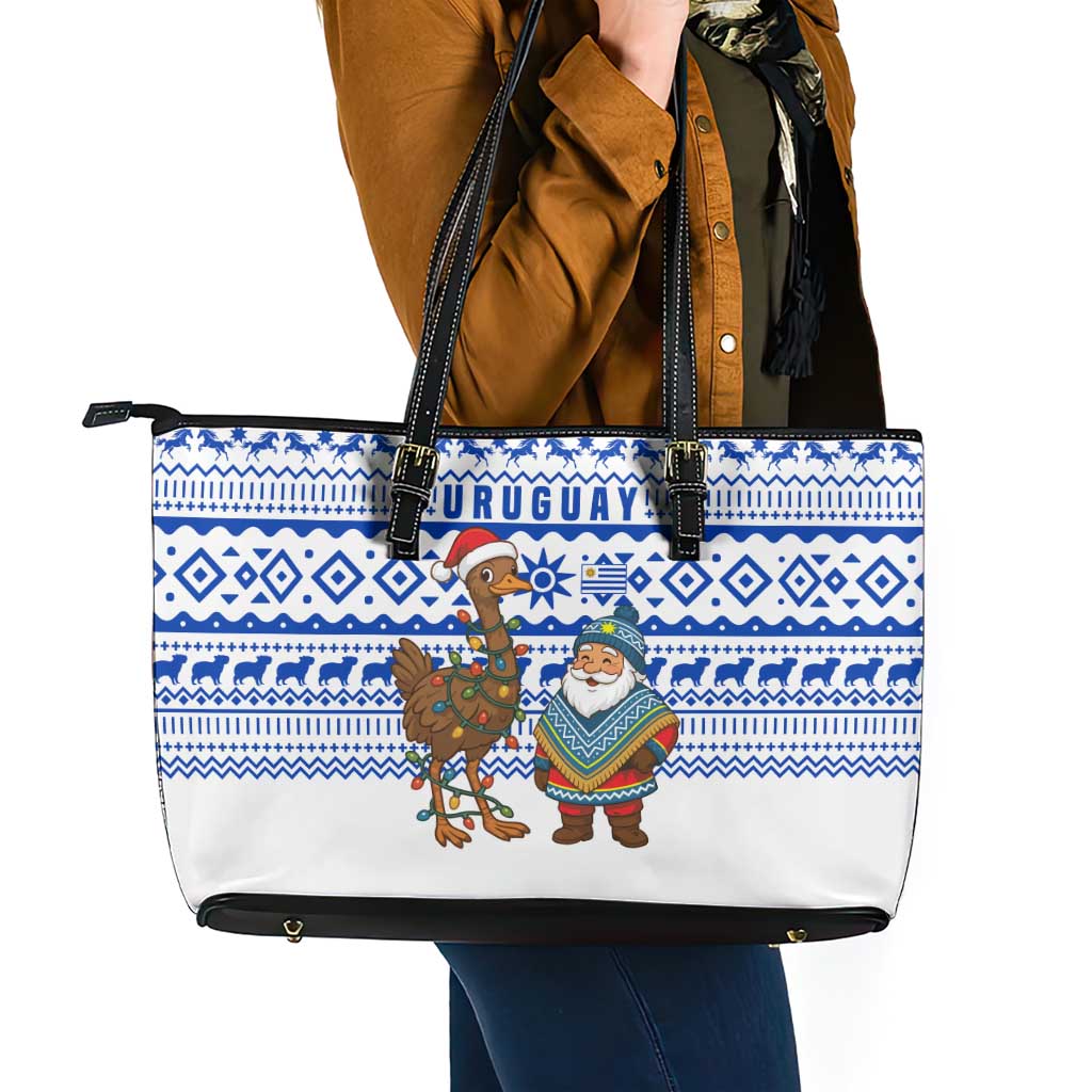 Uruguay Christmas Leather Tote Bag with Santa Claus Rhea Bird Holiday Lights and Blue Geometric Pattern - Wonder Print Shop