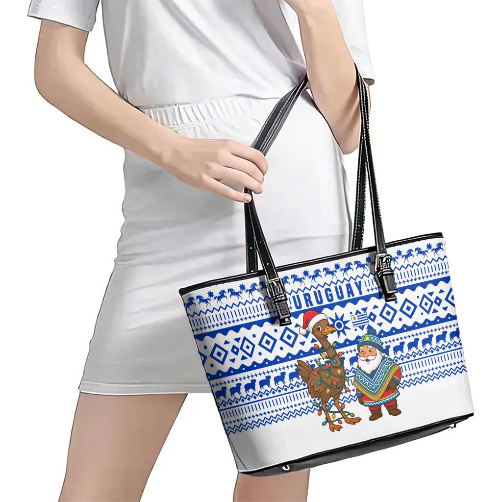 Uruguay Christmas Leather Tote Bag with Santa Claus Rhea Bird Holiday Lights and Blue Geometric Pattern - Wonder Print Shop