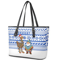 Uruguay Christmas Leather Tote Bag with Santa Claus Rhea Bird Holiday Lights and Blue Geometric Pattern - Wonder Print Shop