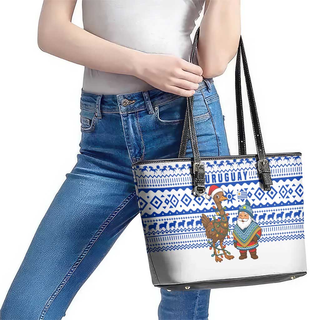 Uruguay Christmas Leather Tote Bag with Santa Claus Rhea Bird Holiday Lights and Blue Geometric Pattern - Wonder Print Shop