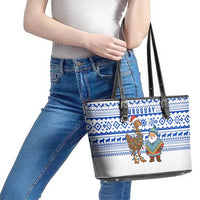 Uruguay Christmas Leather Tote Bag with Santa Claus Rhea Bird Holiday Lights and Blue Geometric Pattern - Wonder Print Shop