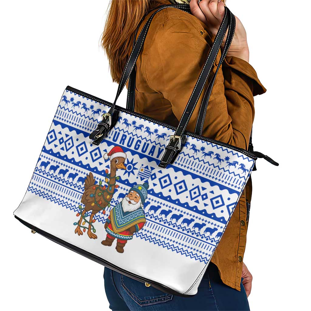 Uruguay Christmas Leather Tote Bag with Santa Claus Rhea Bird Holiday Lights and Blue Geometric Pattern - Wonder Print Shop