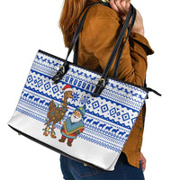 Uruguay Christmas Leather Tote Bag with Santa Claus Rhea Bird Holiday Lights and Blue Geometric Pattern - Wonder Print Shop