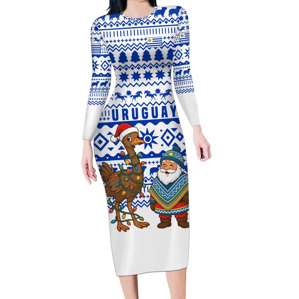 Uruguay Christmas Long Sleeve Bodycon Dress with Santa Claus Rhea Bird Holiday Lights and Blue Geometric Pattern - Wonder Print Shop