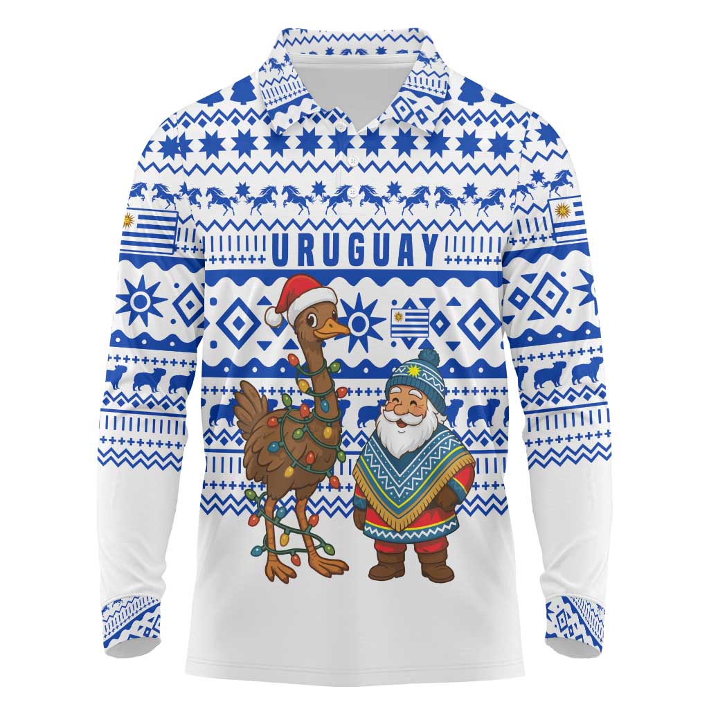 Uruguay Christmas Long Sleeve Polo Shirt with Santa Claus Rhea Bird Holiday Lights and Blue Geometric Pattern - Wonder Print Shop