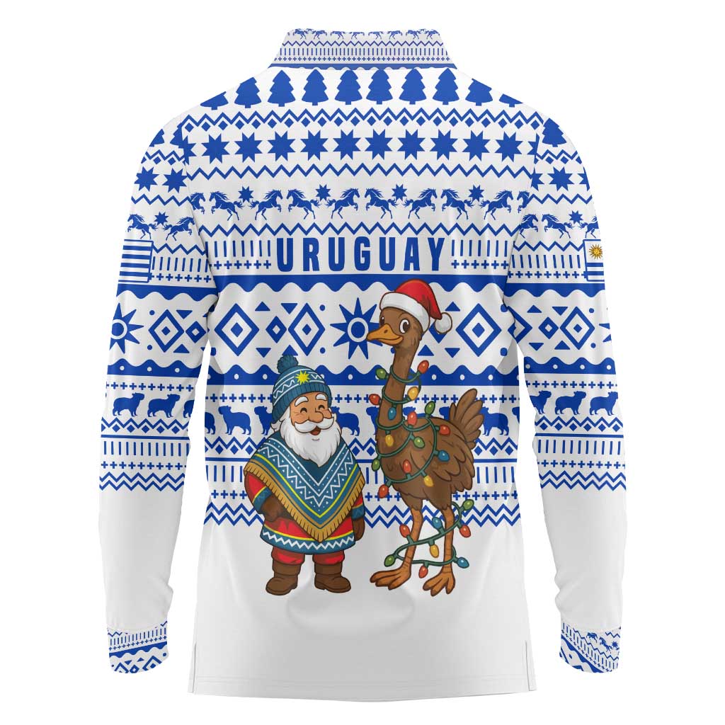 Uruguay Christmas Long Sleeve Polo Shirt with Santa Claus Rhea Bird Holiday Lights and Blue Geometric Pattern - Wonder Print Shop