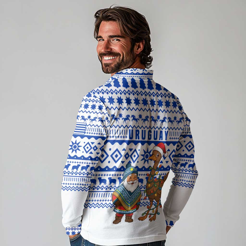 Uruguay Christmas Long Sleeve Polo Shirt with Santa Claus Rhea Bird Holiday Lights and Blue Geometric Pattern - Wonder Print Shop