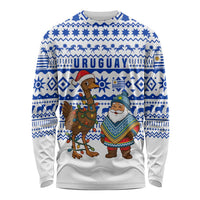 Uruguay Christmas Long Sleeve Shirt with Santa Claus Rhea Bird Holiday Lights and Blue Geometric Pattern - Wonder Print Shop
