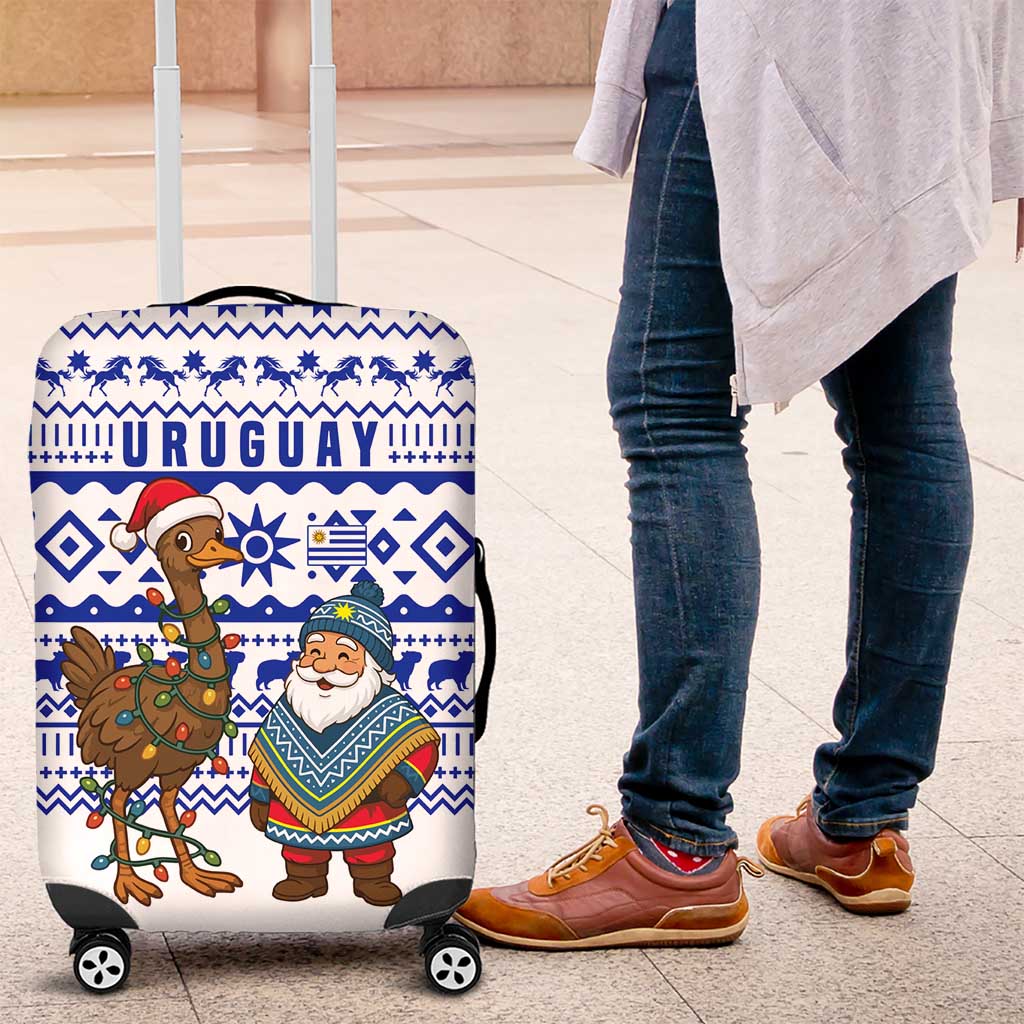 Uruguay Christmas Luggage Cover with Santa Claus Rhea Bird Holiday Lights and Blue Geometric Pattern - Wonder Print Shop