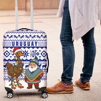 Uruguay Christmas Luggage Cover with Santa Claus Rhea Bird Holiday Lights and Blue Geometric Pattern - Wonder Print Shop