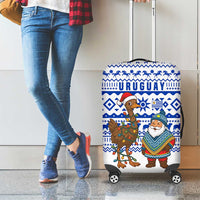 Uruguay Christmas Luggage Cover with Santa Claus Rhea Bird Holiday Lights and Blue Geometric Pattern - Wonder Print Shop
