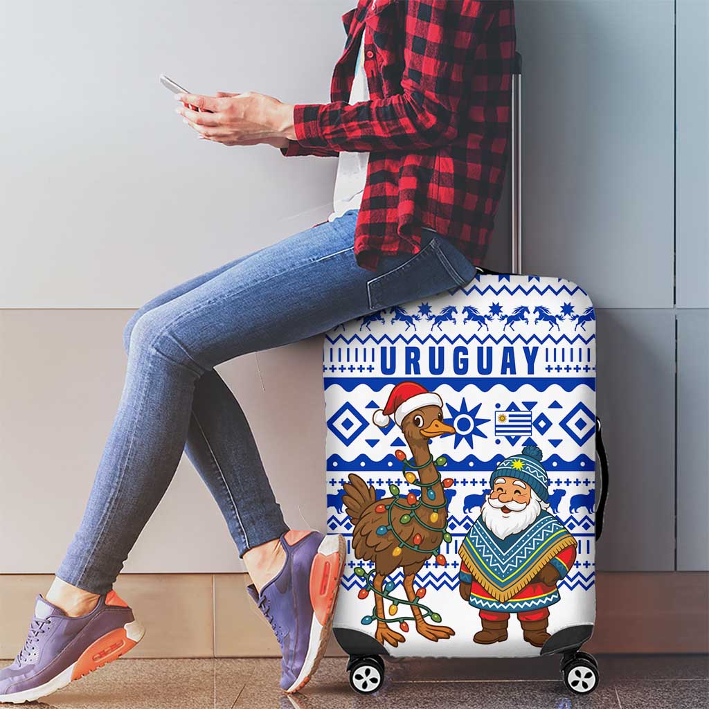 Uruguay Christmas Luggage Cover with Santa Claus Rhea Bird Holiday Lights and Blue Geometric Pattern - Wonder Print Shop