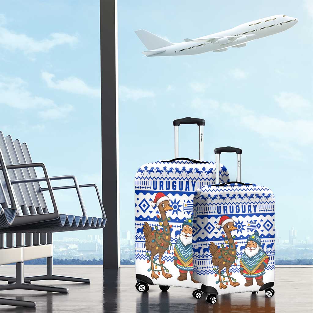 Uruguay Christmas Luggage Cover with Santa Claus Rhea Bird Holiday Lights and Blue Geometric Pattern - Wonder Print Shop