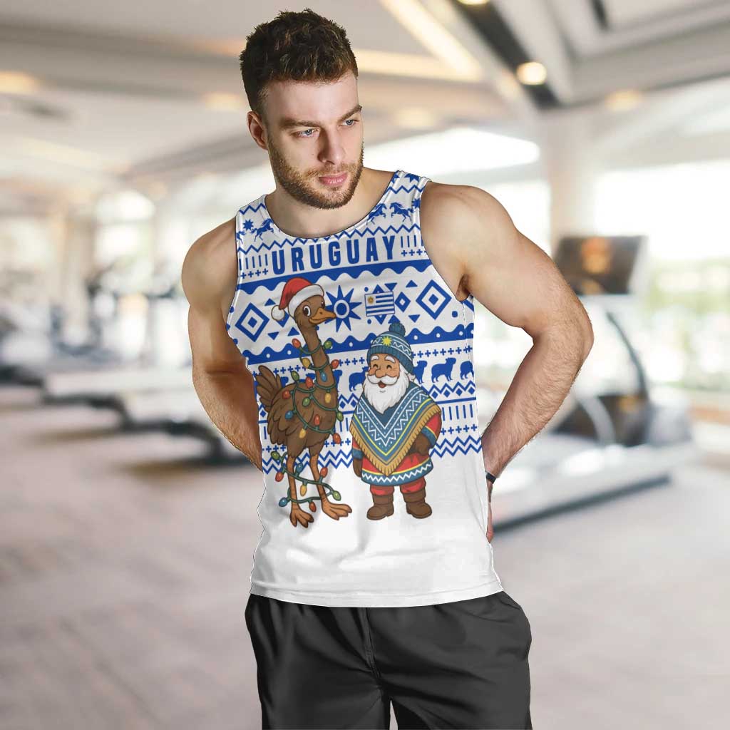 Uruguay Christmas Men Tank Top with Santa Claus Rhea Bird Holiday Lights and Blue Geometric Pattern - Wonder Print Shop