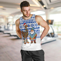 Uruguay Christmas Men Tank Top with Santa Claus Rhea Bird Holiday Lights and Blue Geometric Pattern - Wonder Print Shop