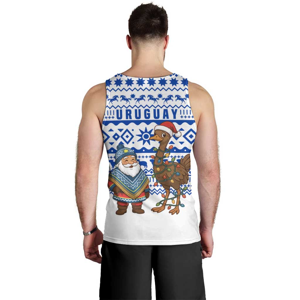Uruguay Christmas Men Tank Top with Santa Claus Rhea Bird Holiday Lights and Blue Geometric Pattern - Wonder Print Shop